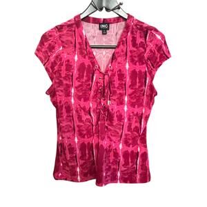 INC International Concepts Top Medium Pink Red Tie Dye Lace Up Short Sleeve